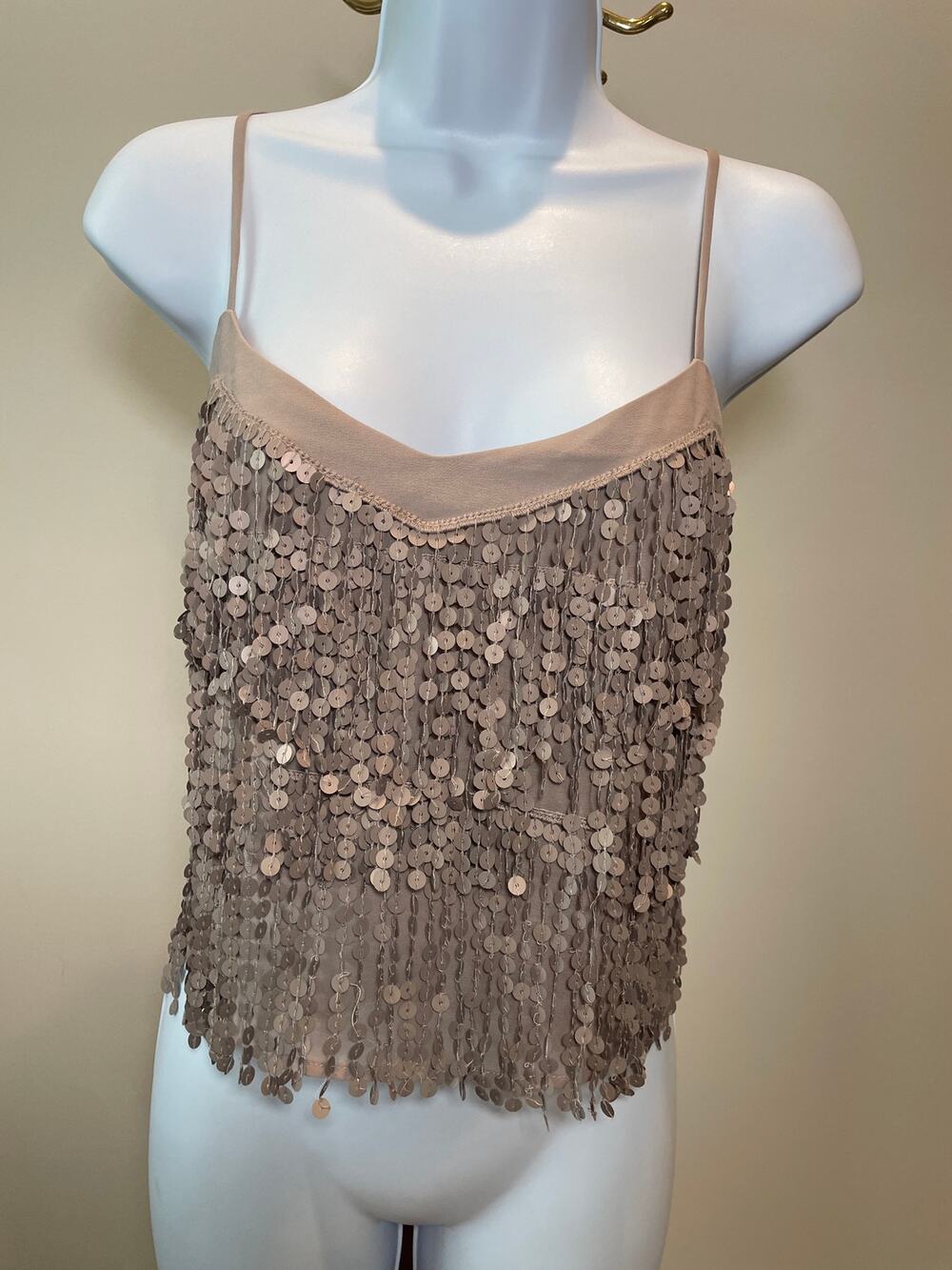 Bebe Sequin Semi‑Crop Top Size M Beige Adjustable Straps